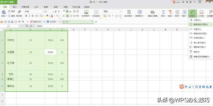 WPS表格快速批量调整表格行高和列宽